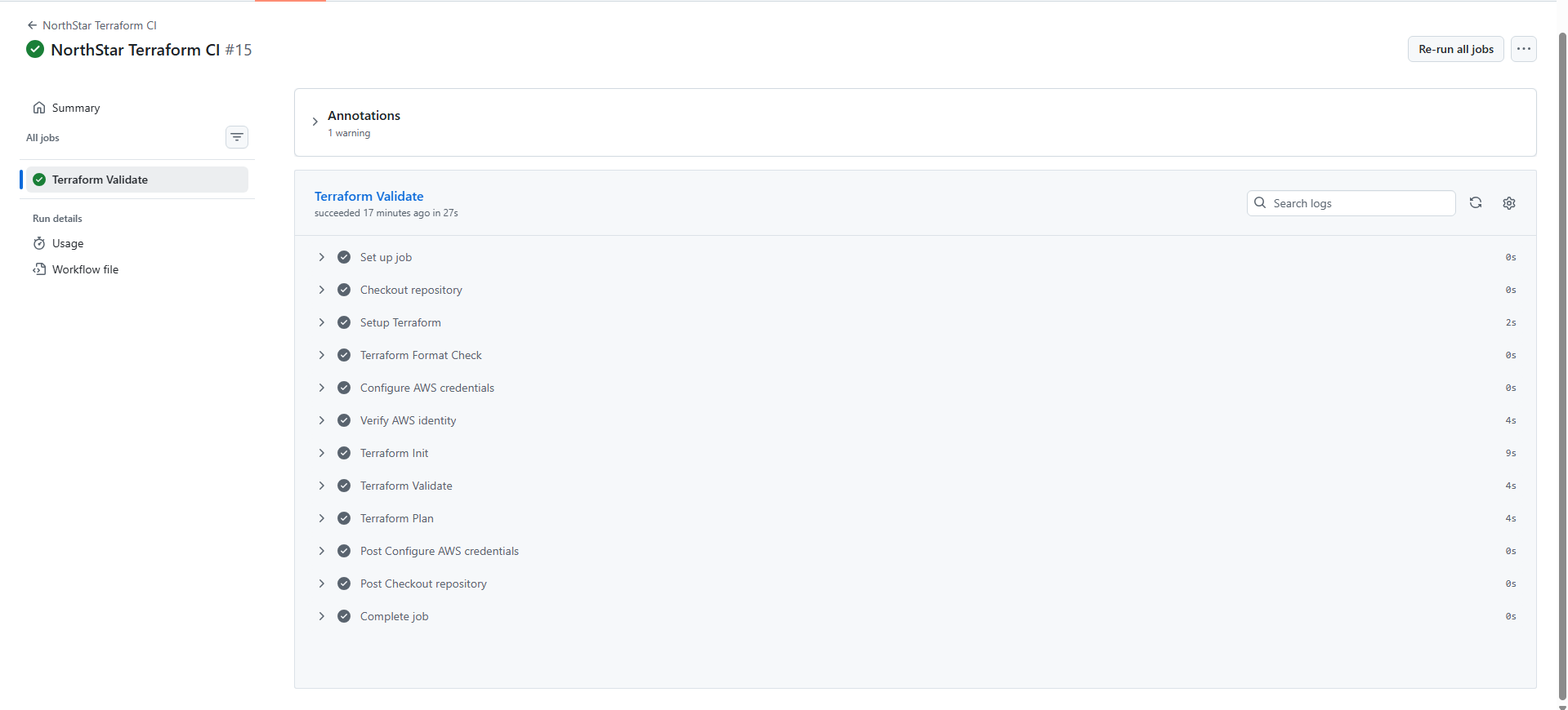 GitHub Actions Terraform CI validation and plan for NorthStar